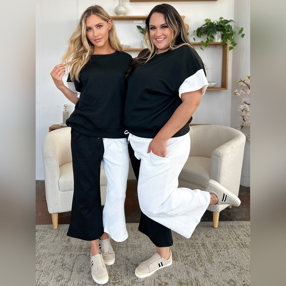 Double Take Full Size Texture Contrast T-Shirt and Wide Leg Pants Set - Picture 4 of 16